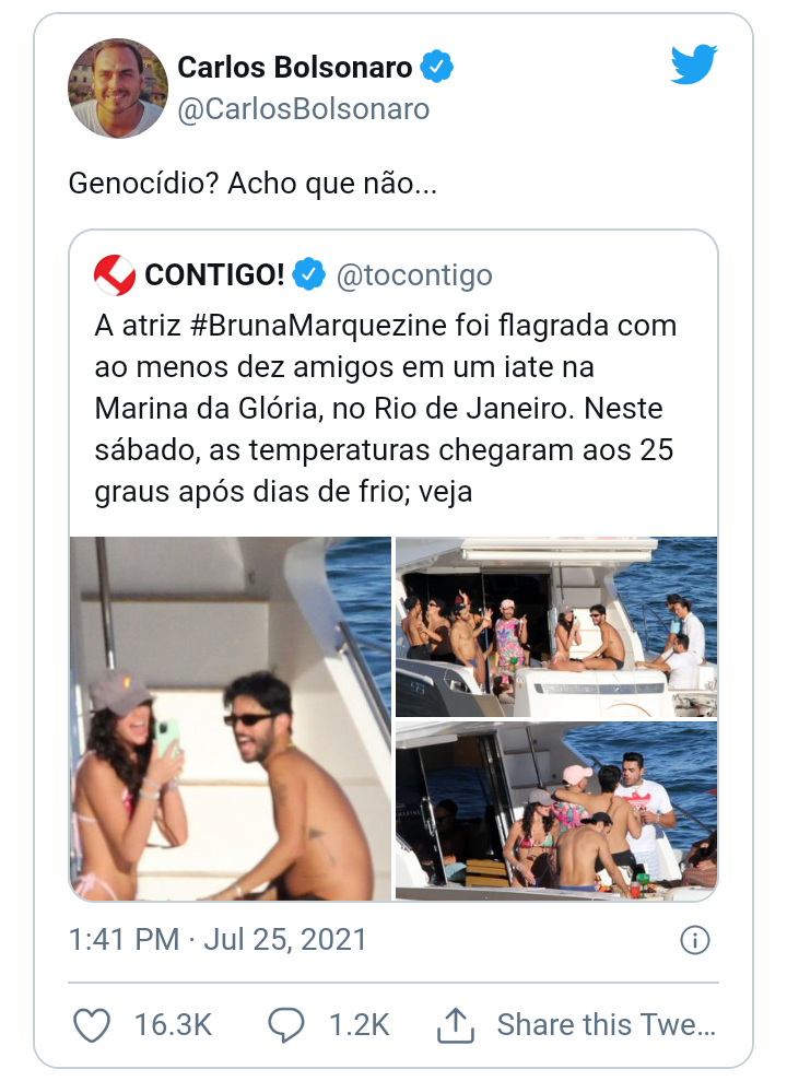 Carlos Bolsonaro ironiza Bruna Marquezine: “Genocídio? Acho que não”