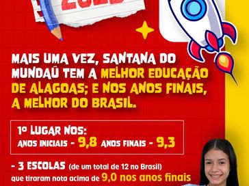 IDEB 2023: Santana do Mundaú se mantém como a melhor educação de Alagoas e nos anos finais a melhor do Brasil