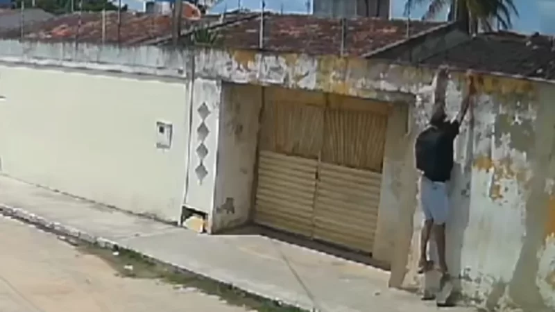 Vídeo: Câmeras flagram homem pulando muro de residência e furtando TV