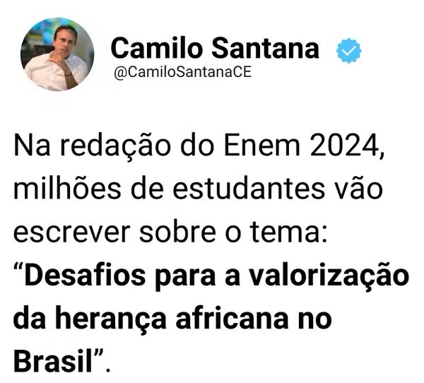 Tema da redação do Enem 2024 é ‘Desafios para a valorização da herança africana no Brasil’