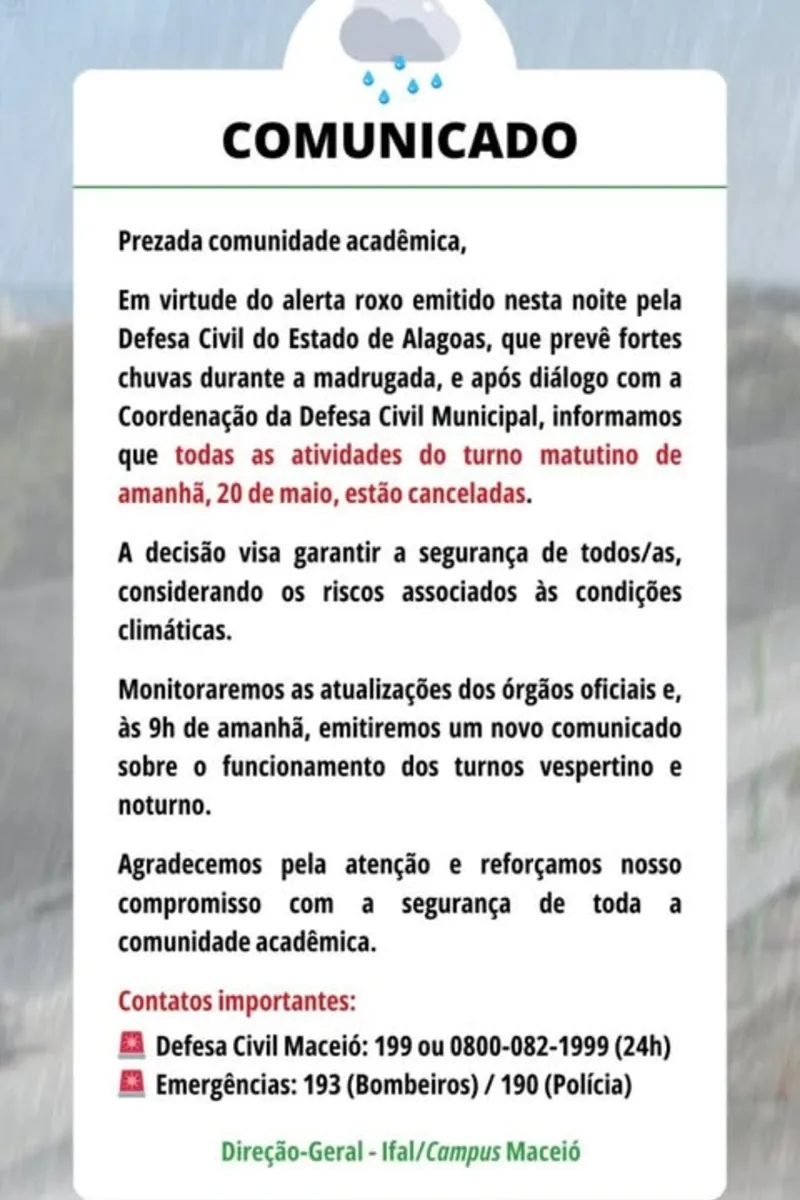 Ifal Maceió suspende atividades matutinas nesta terça (20) devido às fortes chuvas
