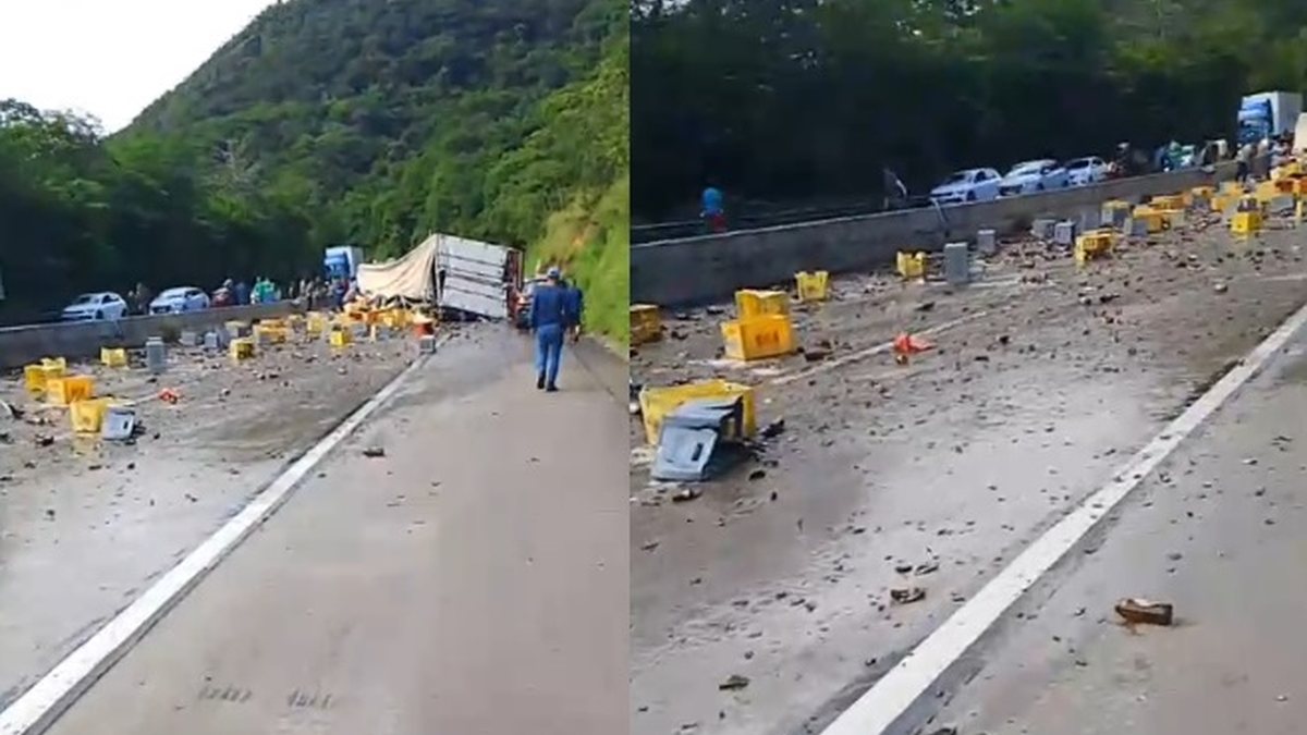 Acidente com caminhão com caixa de cervejas deixa rodovia bloqueada em AL